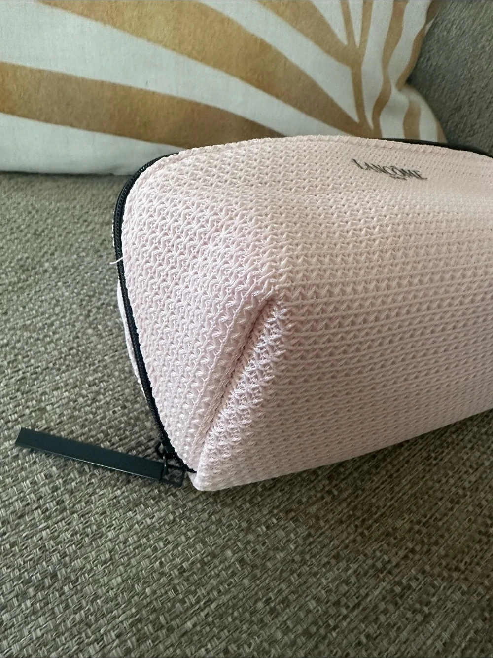 Lancôme Pink Woven Cosmetic Pouch With Black Trim. NEW